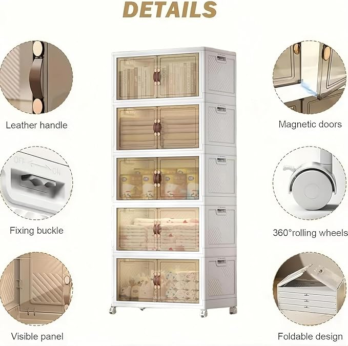 5-Tier Closet Organizer and Storage with 1 Lid, 95 Gal Stackable Storage Bins with Lids and Wheels, Folding Storage Boxes with Open Front Door for Closet and Office
