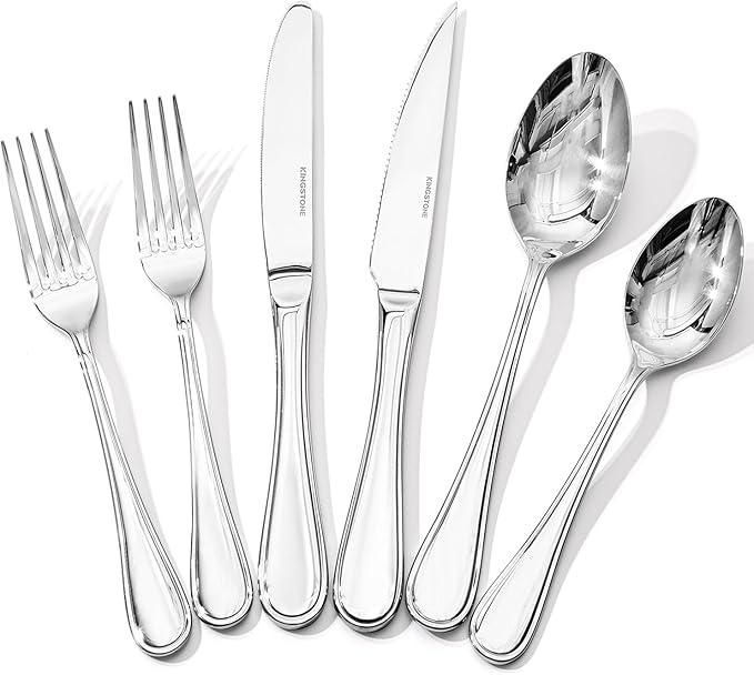 KINGSTONE 24 Piece Teardrop Silverware Set with Steak Knives, 18/10 Stainless Steel Flatware Set for 4, Modern Design Cutlery Set for Home/Hotel/Wedding,Mirror Polished and Dishwasher Safe
