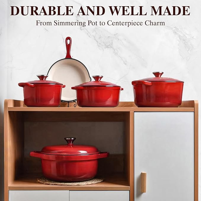 Enameled Cast Iron Dutch Oven - Umite Chef 5QT Pot with Lid & Cotton Potholders - Heavy-Duty Cookware for Bread Baking, Braising, Stews, Roasting(Read)