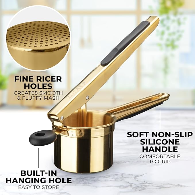 Zulay Kitchen Premium Large 15oz Potato Ricer, Heavy Duty Professional Stainless Steel Potato Masher and Ricer Kitchen Tool, Press and Mash Kitchen Gadget - Gold/Black