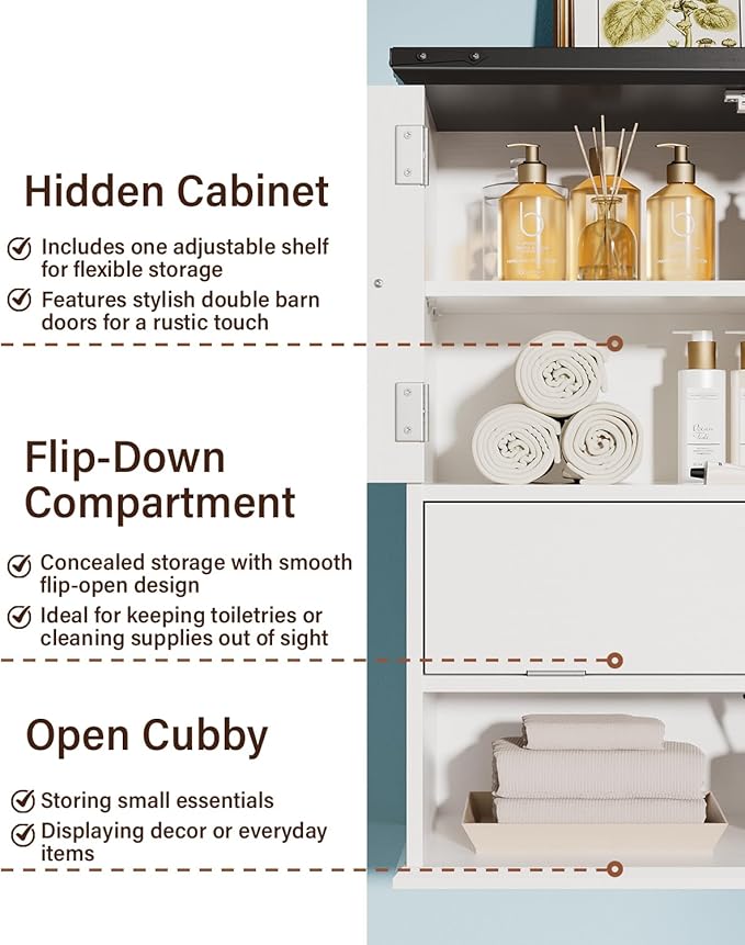Wall Mounted Bathroom Cabinet with Double Doors, Flip-Down Storage and Open Shelf, Modern White Finish, Over-The-Toilet Space Saver Cabinet