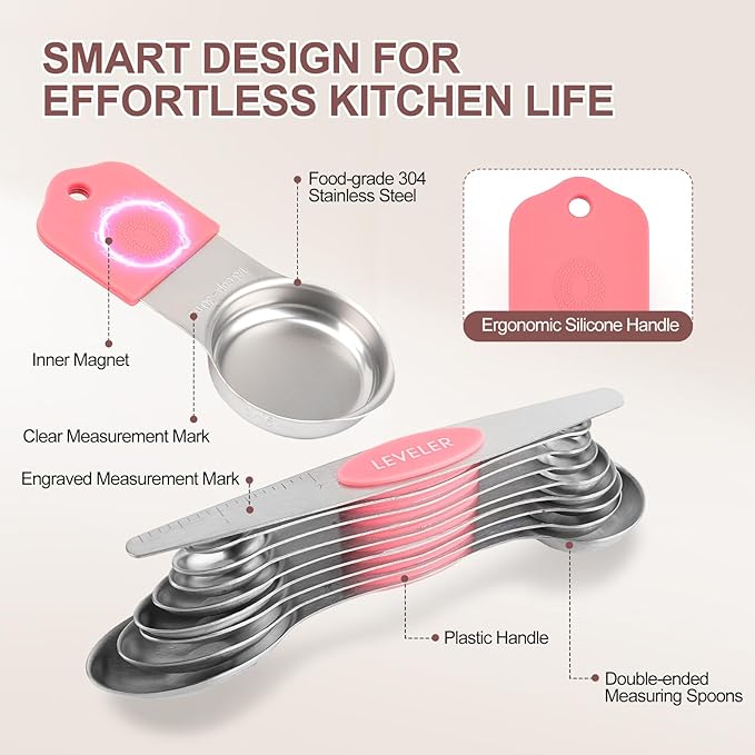 16-Piece Stainless Steel Measuring Cups and Spoons Set, Strong Magnetic Nesting Design 7 Cups 8 Spoons with Leveler, Double Measurement Markings for Dry & Liquid Ingredients, Pink