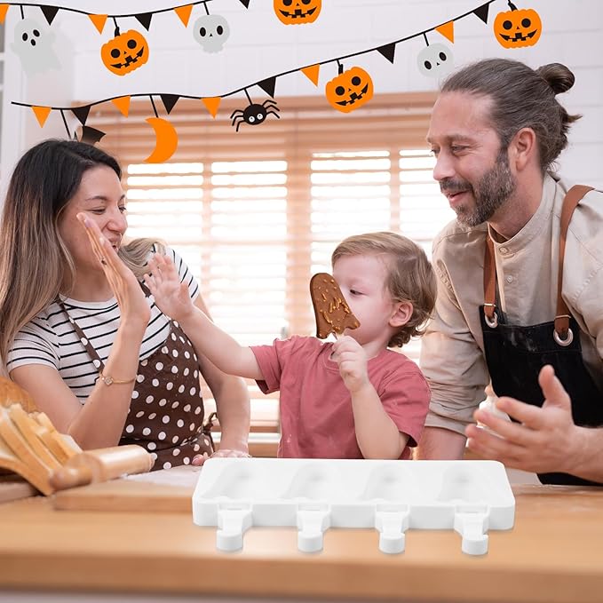 Hushee Halloween Ghost Shaped Mold Large 4 Cavity Reusable Silicone Cakesicle Cake Pop Ice Cream Mold for Halloween Adults Homemade Ice Cream Chocolate Candy DIY Trick Dessert Decorating