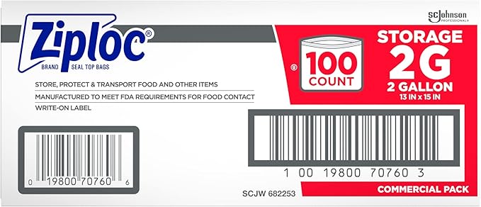 SC Johnson Professional Ziploc Storage Bags, For Food Organization and Storage, Double Zipper, 2 Gallon, 100 Count