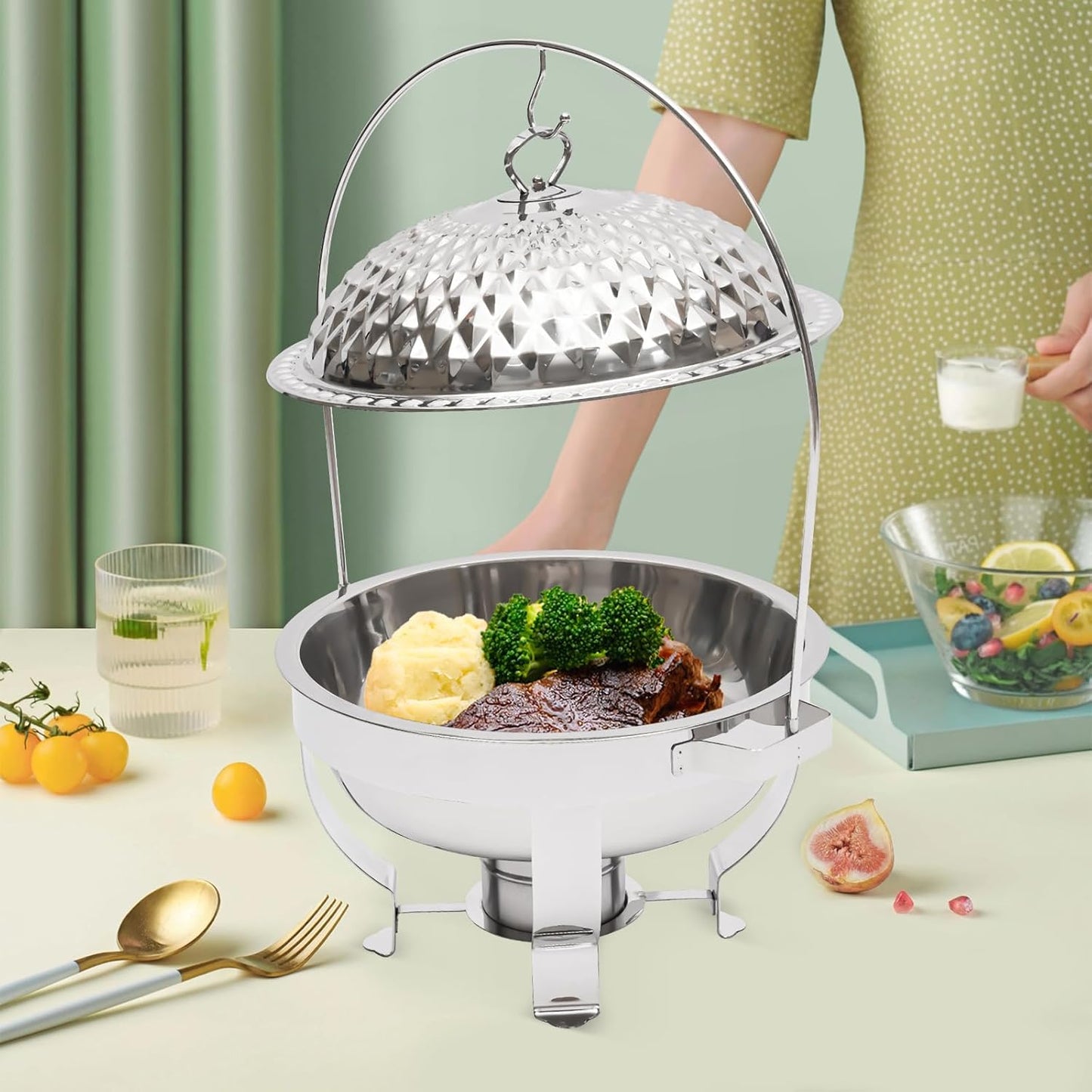 Chafing Dish Buffet Set, Stainless Steel Hanging Lid Dining Stove, Roll Top Chafing Dish Buffet Diamond-Shaped Lid and Round Stand for Buffet Restaurants and Banquets (Silver, 4.5L/4.76Qt)