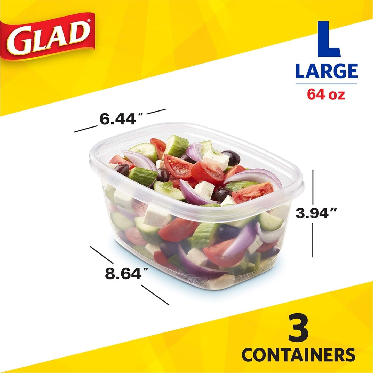 Glad Food Storage Containers, Deep Dish, 64 Ounce, 3 Count