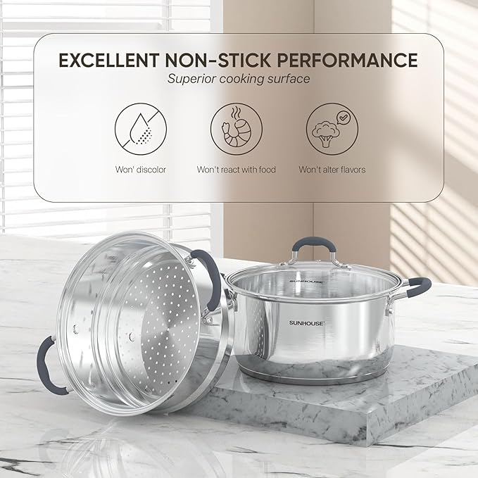 Sunhouse - 3.1 Quarts Steamer Pots With Lid 2-Tier Multipurpose Stainless Steel Steaming Pot Cookware For Vegetable, Dumpling, Sauce, Food - Triple Bottom, Measurement Line