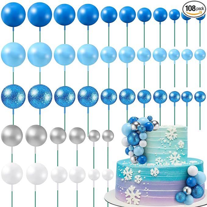 Tondiamo 108 Pcs Balls Cake Topper DIY Cupcake Insert Foam Balloons for Cake Baking Wedding Anniversary Birthday Decoration (Blue White Silver,Multi Sizes)