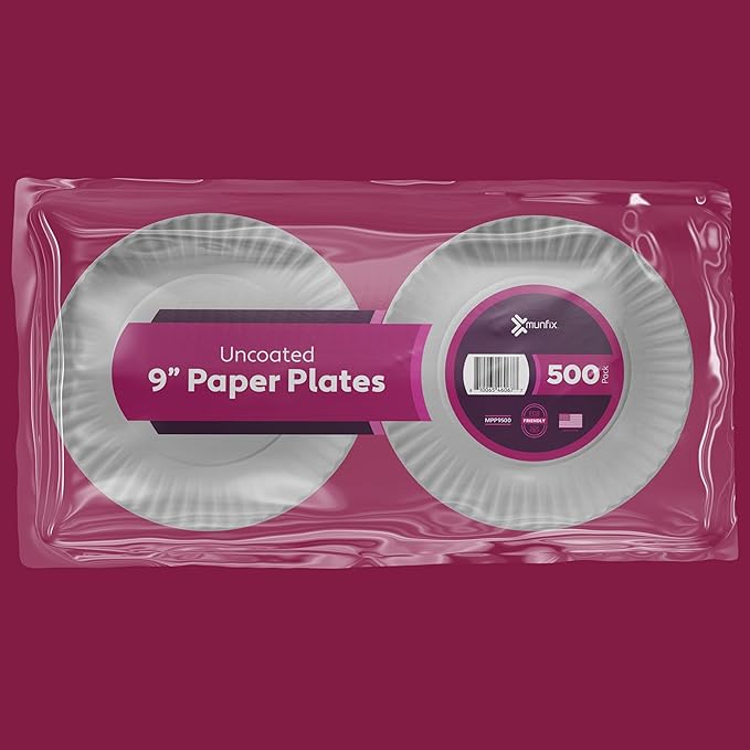 Munfix 500 Pack Uncoated Paper Plates 9 Inch, Everyday Disposable Plates, White Dinner Plates for BBQ Party, Picnics, Travel and Events, Microwavable Recyclable