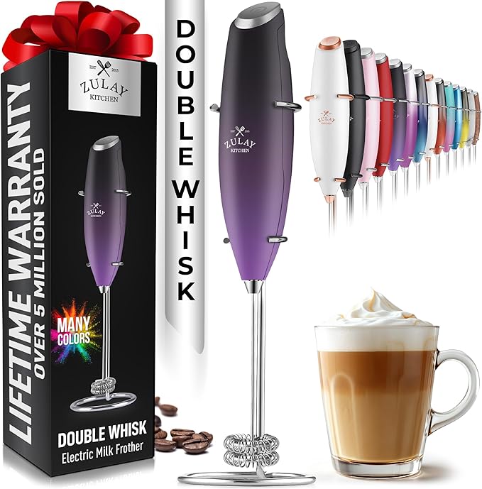 Zulay Kitchen Powerful Double Whisk Milk Frother Handheld - Foam Maker With Stand - Whisk Drink Mixer for Coffee, Mini Foamer for Latte, Matcha, Frappe, Hot Chocolate & Cappuccino (Galaxy)