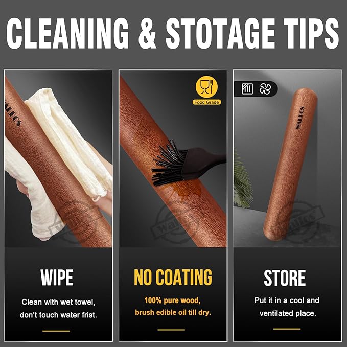 Walfos Mini Rolling Pin - Small Natural Wooden Rolling Pins, Baking Dough Roller for Pizza, Pie, Pasta, Bread, Pastry, No Coating (8inch)