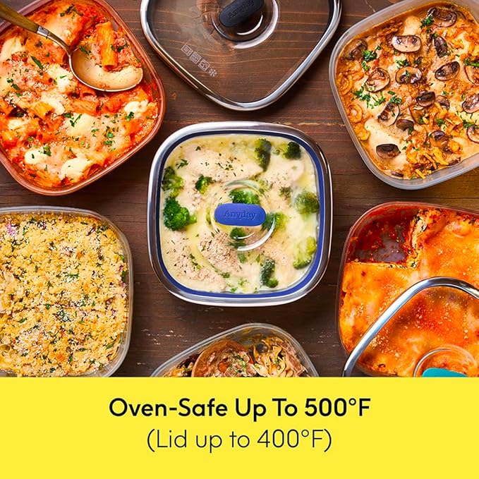 Anyday 5.5-Cup Square Glass Food Storage with Glass Lid | Plastic-Free Meal Prep & Microwave Cookware | Stackable Airtight Storage Container with Vented Lid for Microwave-Safe Reheating