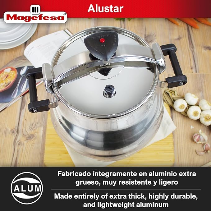 Magefesa Alustar 23.2-Quart Aluminum Pressure Cooker – Extra-Thick Construction, Thermodiffusion Base, 3 Safety Systems, Professional-Grade