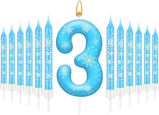 13PCS White and Blue Frozen Themed Party Birthday Candles Set - Blue Number Candles Snowflake Themed Decorations, Girls Party Supplies(Number 3)