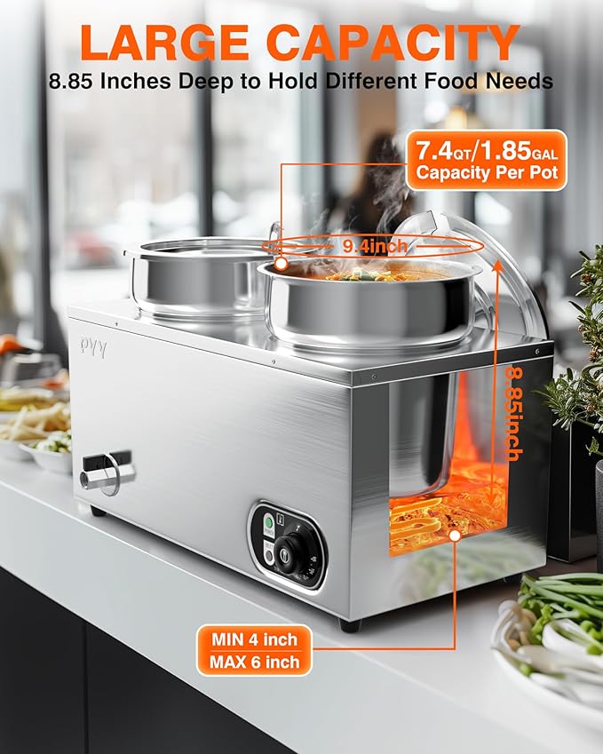 PYY Soup Warmer Commercial - Two 7.4QT Stainless Steel Bain Marie Round Pot 86~185°F Adjustable Temp, 1500W Electric Soup Warmer Countertop with Anti-Dry Burn and Reset Button for Restaurant, Buffet