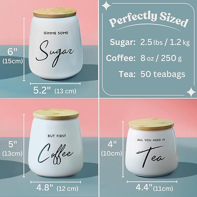 Coffee Tea and Sugar Ceramic Canister Set - 3-Piece Airtight Kitchen Canisters for Countertop - Coffee Bar Container Set