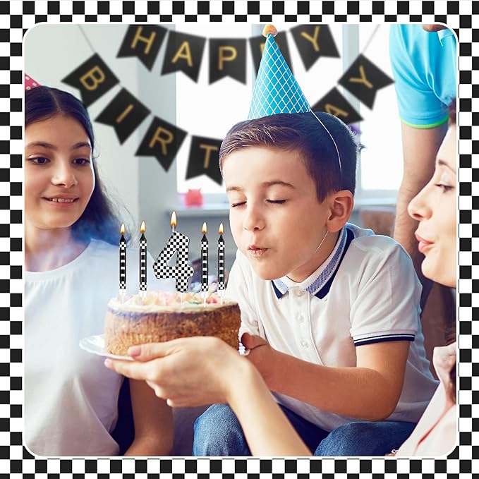 13 Pcs Racing Cars Themed Birthday Candles Black and White Race Number 4 Checkered Candle Cake Topper for Racing Car Party Decoration Supplies (Number 4)