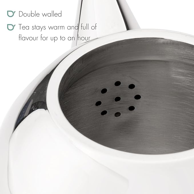 Santhee Double Walled Teapot, 1.4-Liter Stainless Steel Glossy Finish with Glossy Accents