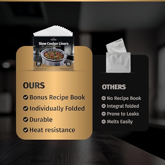 Matiks Slow Cooker Liners 3-8 Quart – Cooking Liner – Large Size 13" × 21" – Fit 3QT to 8.5QT Slow Cookers – Works for Oval & Round Pots – 30 Bags & Recipes Added – Compatible with Crock Pot