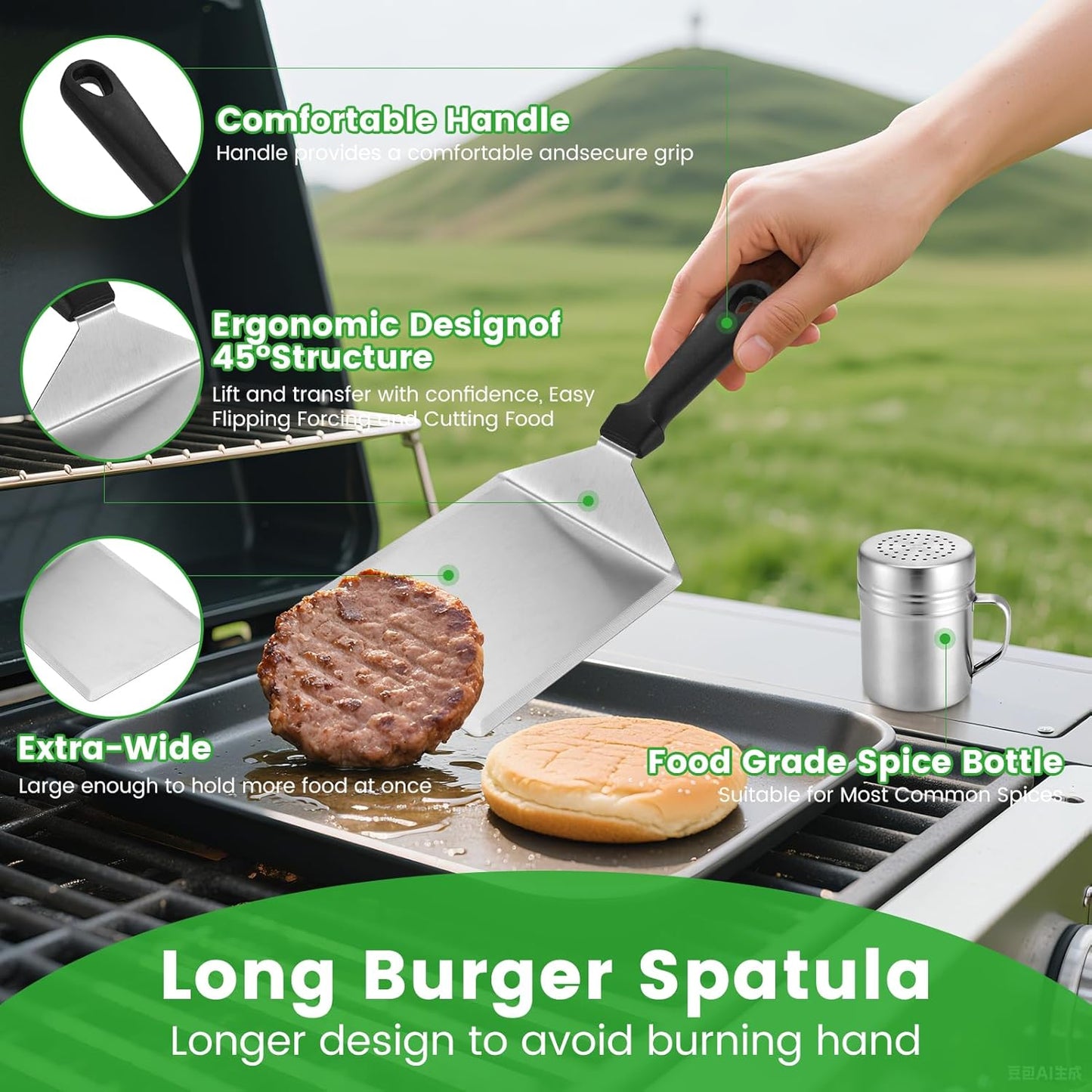Smashed Burger Press Kit with Stainless Steel Press, Grill Spatula, Seasoning Shaker & Hamburger Patty Papers - Perfect for Blackstone Griddle, BBQs, and Gift Giving