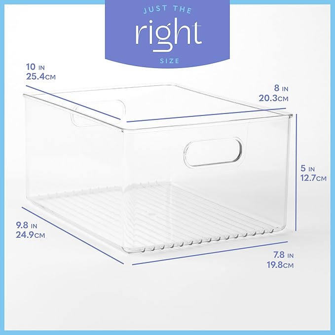 Plastic Food Storage Clear Container Bin with Handles for Organizing Kitchen, Pantry, Refrigerator, Freezer, Pantry, Cabinet, Closet, Bathroom 10”x8”x5”