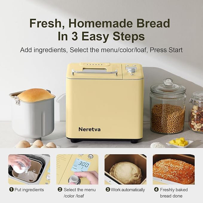 Neretva 20-IN-1 Bread Maker, Dual Heater 2LB Bread Machine Stainless Steel Bread Maker Machine Nonstick Ceramic Pan Compact for Gluten Free/Sourdough/Whole Wheat Bread/Yogurt, Breadmaker Recipe-Yellow