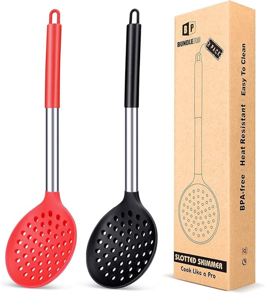 Kitchen Ladle Strainer Set of 2 Large Slotted Spoon with High Heat Resistant BPA Free Non Stick Cooking Skimmers For Draining and Frying (Black and Red)
