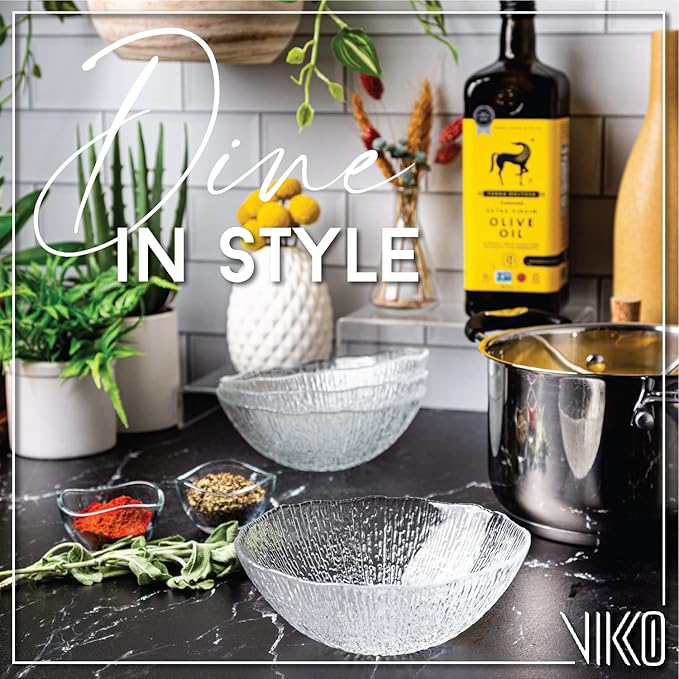 Vikko Soup Bowls, 6.25 Inch Salad Bowls, Glass Soup Bowls, Elegant Textured Glass Bowls, Set of 4, Dishwasher Safe