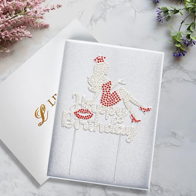 LINGTEER Happy Birthday Crown Queen Lady Rhinestone Cake Topper - Cheers to Makeup Spa Birthday Party Cake Centerpieces Decorations Gift Sign - Red.