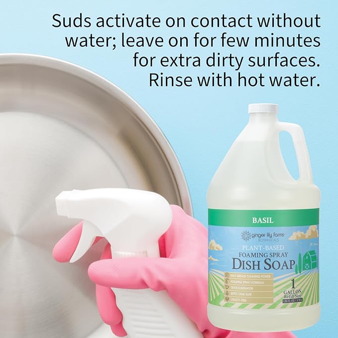 Ginger Lily Farms Botanicals Plant-Based Foaming Spray Dish Soap, Concentrated Formula with Max Grease Cleaning Power, Cruelty-Free, Basil Scent, 1 Gallon Refill (128 Fl Oz)