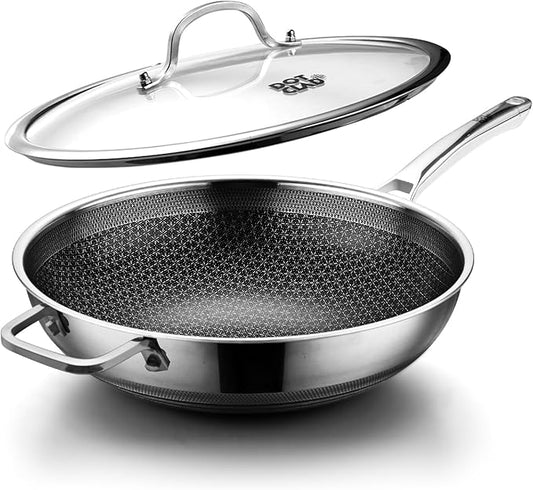 Wok pan,Hybrid 12 inch Wok with Lid, PFOA Free Cookware,non stick Stainless Steel Woks & Stir-fry pans Nonstick, Dishwasher and Oven Safe, Works on Induction