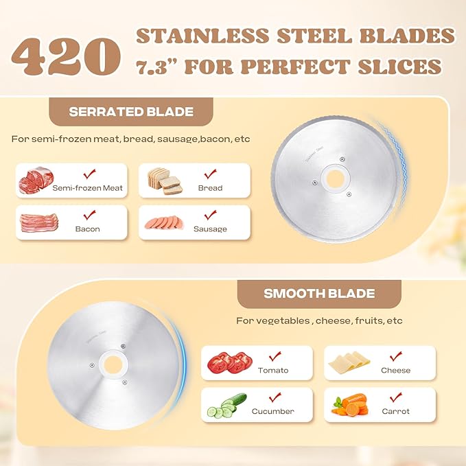 Moongiantgo Electric Meat Slicer 220W, 1-20mm Adjustable Thickness Deli Food Slicer with 2 Removable 7.3" Stainless Steel Blade, Removable Food Platform, Cheese Fruit Bread Slicer for Home,110V