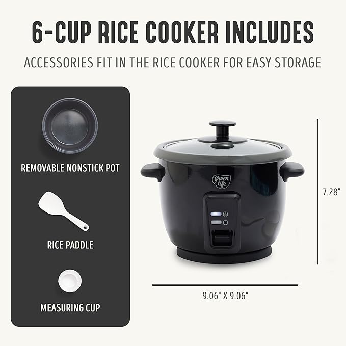GreenLife Electric Rice Cooker, 3-Cups Uncooked/6-Cups Cooked, Removable PFAS-Free Nonstick Pot, One-Switch Design, Auto Keep Warm, Small Space Saving, Rice Paddle, Soup, Grains, Oatmeal, 1.5 QT, Black