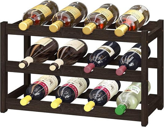 BAMEOS Bamboo Wine Rack Storage, 3 Tier Wine Racks Countertop, Wine Rack Freestanding Floor Wine Holder Cabinet for Kitchen, Bar, Pantry, Wine Cellar, Basement,Study (16.85 L x 9.25W x 12H)