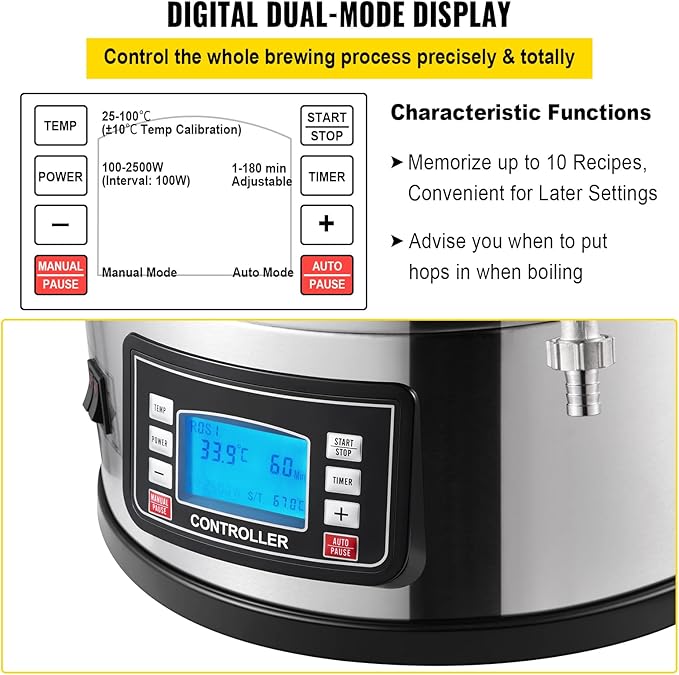 VEVOR Electric Brewing System, 9.2 Gal/35 L Brewing Pot, All-in-One Home Beer Brewer w/Pump, Mash Boil Device w/Panel, Auto/Manual Mode 100-1800W Power 25-100℃ Temp 1-180 min Timer Recipe Memory