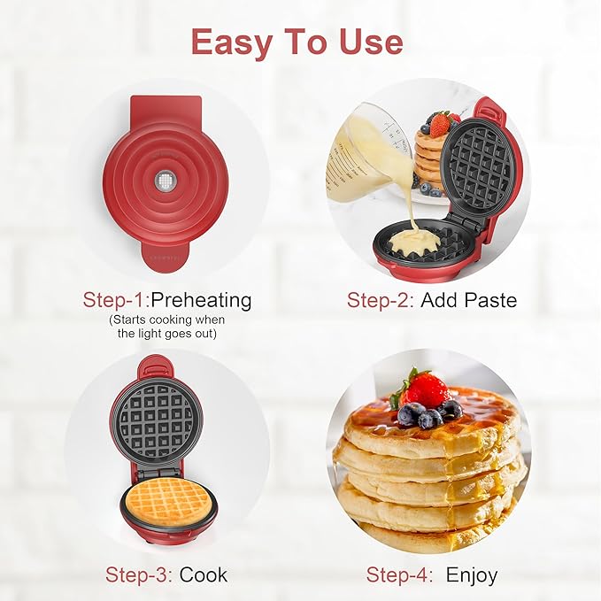 CROWNFUL Mini Waffle Maker Machine, 4 Inch Chaffle Maker with Compact Design, Easy to Clean, Non-Stick Surface, Recipe Guide Included, Perfect for Breakfast, Dessert, Sandwich, or Other Snacks (Red)