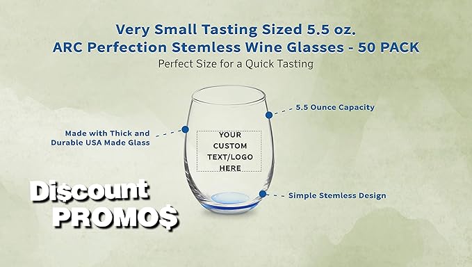 Custom Stemless Wine Glasses by ARC 5.5 oz. Set of 50, Personalized Bulk Pack - Perfect for Hotel, Bar, Restaurant or Lounge - Blue