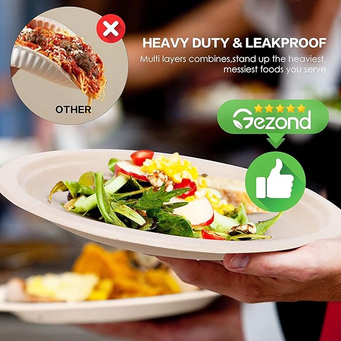 Gezond 100% Compostable Paper Plates 10 Inch 125 Pack Bulk Disposable Heavy-duty Plates Natural Biodegradable Sugarcane Bagasse Plate for Party Picnic
