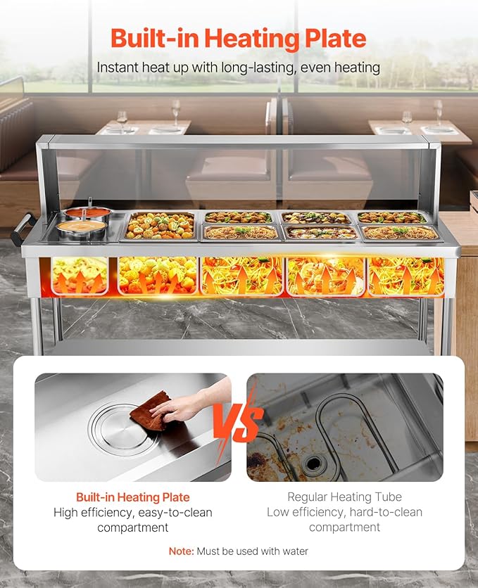 VEVOR Commercial Electric Food Warmer, 7 Pans + 2 Pots Steam Table, 1800W Professional Buffet Catering Food Warmer with Shield Undershelf Wheels, Stainless Steel Server for Party Restaurant