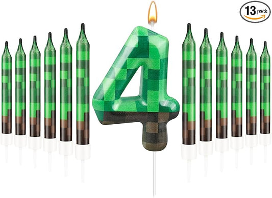 13 Pcs Dynamite Candles 12 TNT Themed Birthday Cake Candles and Number 4 Candle Cake Topper for Pixel Theme Birthday Party Anniversary Party Dynamite Theme Party Video Game Party Supplies (Number 4)