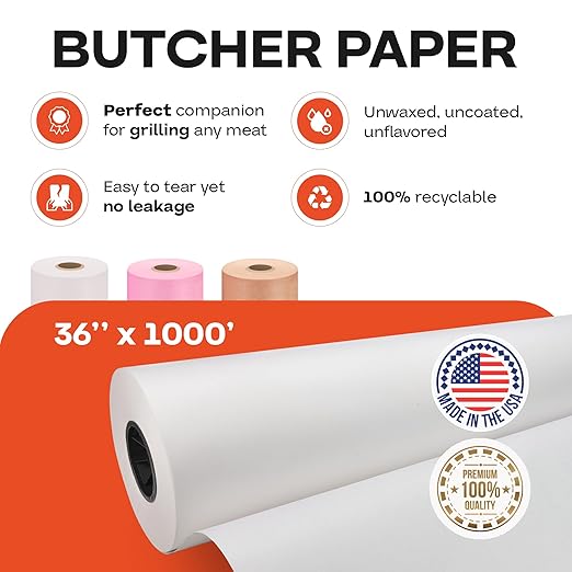 White Butcher Paper 36" x 12000" (1000 feet) - USA-Made Natural Butcher Paper Roll for Meat and Fish - Uncoated, Unwaxed & Food-Grade Material for Smoker, Grilling & BBQ by IDL Packaging