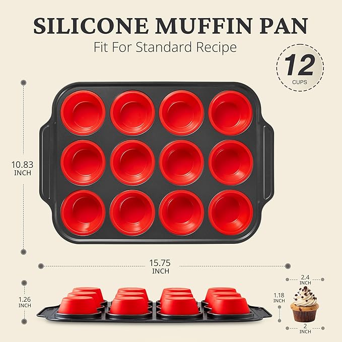 BRONYPRO Silicone Muffin Pans for Baking with Metal Frame, Egg Bite Molds, Cupcake Pans 12 Regular Size, Muffin Tins Easy to Pop Nonstick Non Toxic Bakeware for Oven, Red
