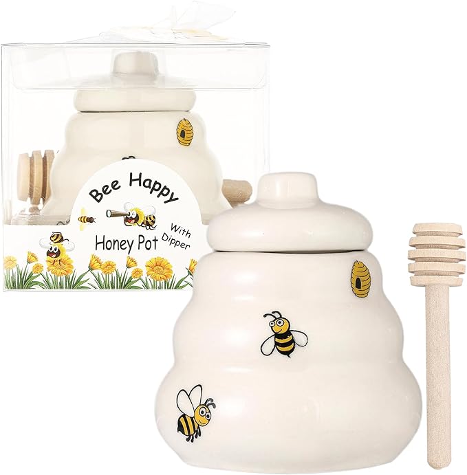 12 Sets Ceramic Bee-Happy Honey Pot with Dipper，Honey Jar Serving Set with Exquisiting Package for Wedding Favor,Bridal Shower Favor, Baby Shower Favor，Party Favor (12)