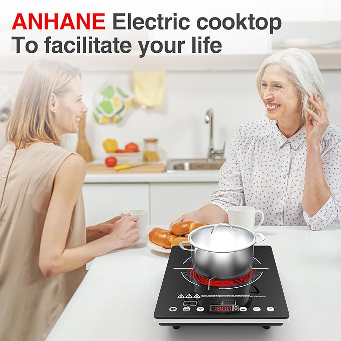 Electric Cooktop 110v,Single Burner Electric Stove Infrared Cooktop Hot Plate 1800W,4-Hour Setting,Black Crystal Glass Surface Compatible for All Cookware