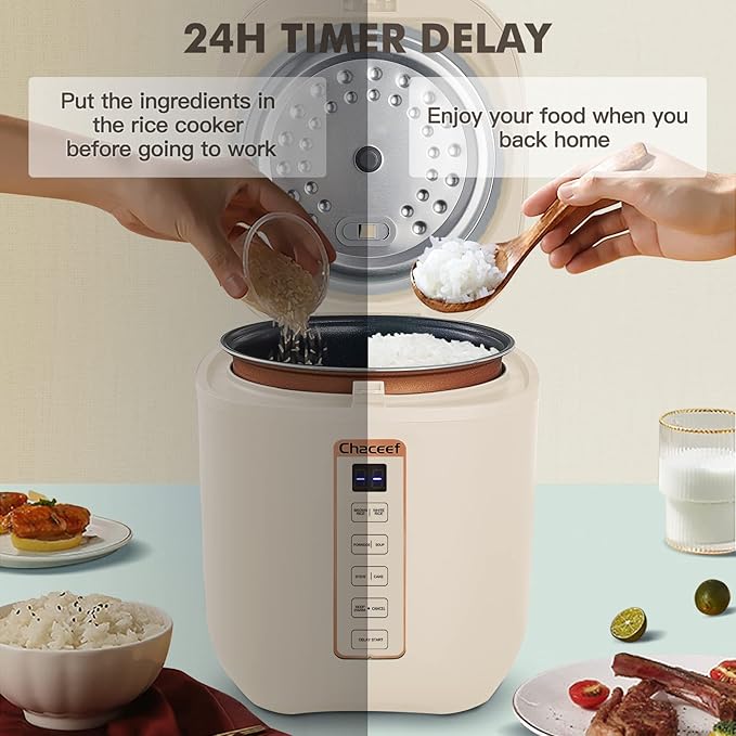 CHACEEF Mini Rice Cooker 2 Cups Uncooked, 1.2L Rice Cooker Small, Portable Non-Stick Small Travel Rice Maker, BPA Free, Smart Control Multifunction Cooker with 24 Hours Timer Delay & Keep Warm Function, Beige