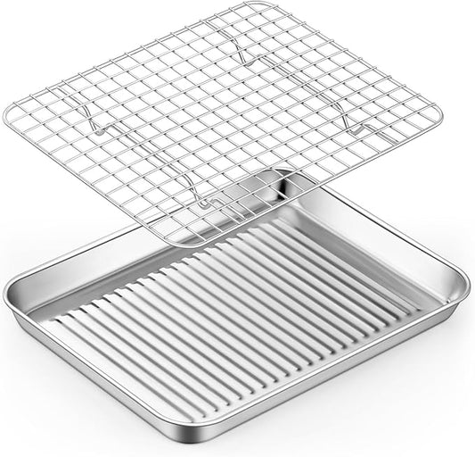 TeamFar Toaster Oven Pan with Cooling Rack, Stainless Steel Mini Baking Tray for Compact Toaster Oven, 9 Inch, Corrugated Bottom & Grid Mesh, Healthy & Heavy-Duty, 1 Pan + 1 Rack