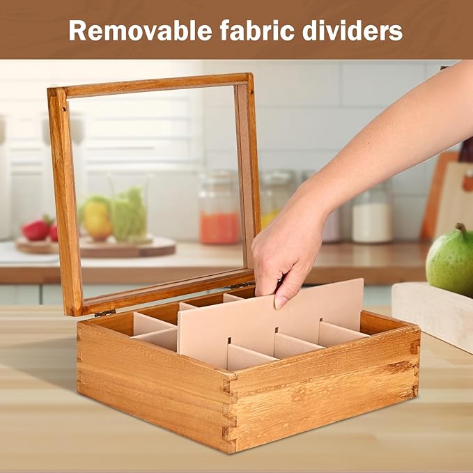 Wood Tea Box Organizer 12 Compartment Multi-Functional Storage Box with Clear Acrylic Window,Tea Bag Holder for Cabinet.