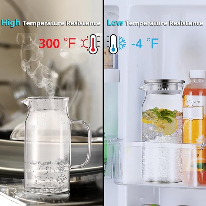 1.2 Liter 40 oz Small Glass Pitcher with Lid and Spout, Glass Carafe for Hot/Cold Water, Iced Tea Jug for Coffee, Juice and Homemade Beverage