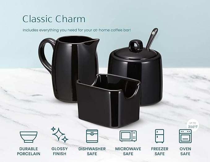 Kook Sugar and Creamer Set, 3 Piece, Pitcher, Sugar Bowl with Lid and Spoon, Sweetener Holder (Black)
