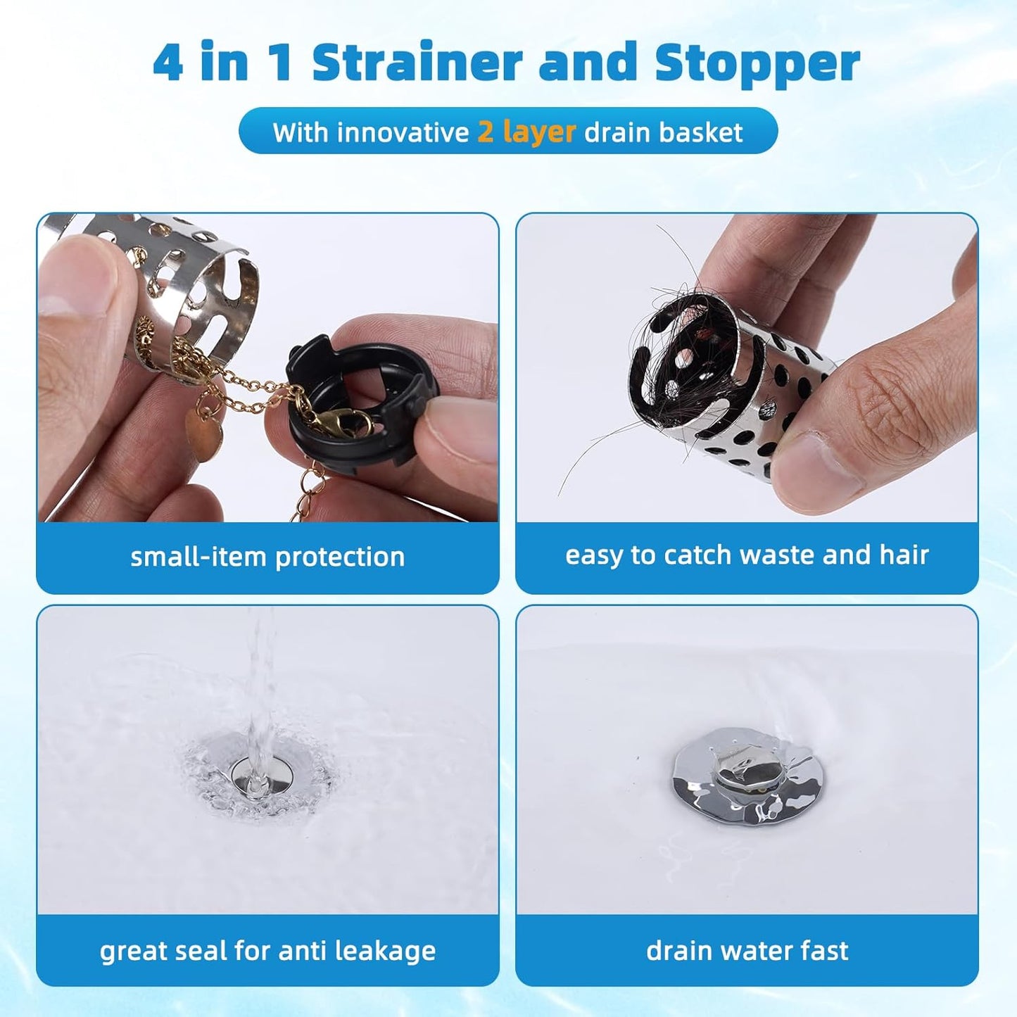 Universal Bathroom Sink Stopper Hair Catcher Upgraded with 2-Layer Detachable Filter Basket – 4 in 1 Pop Up Sink Drain Strainer, Anti-Clog, Odor-Block, Fit for 1.1''~2.36'' Sinks, 2PCS, Chrome